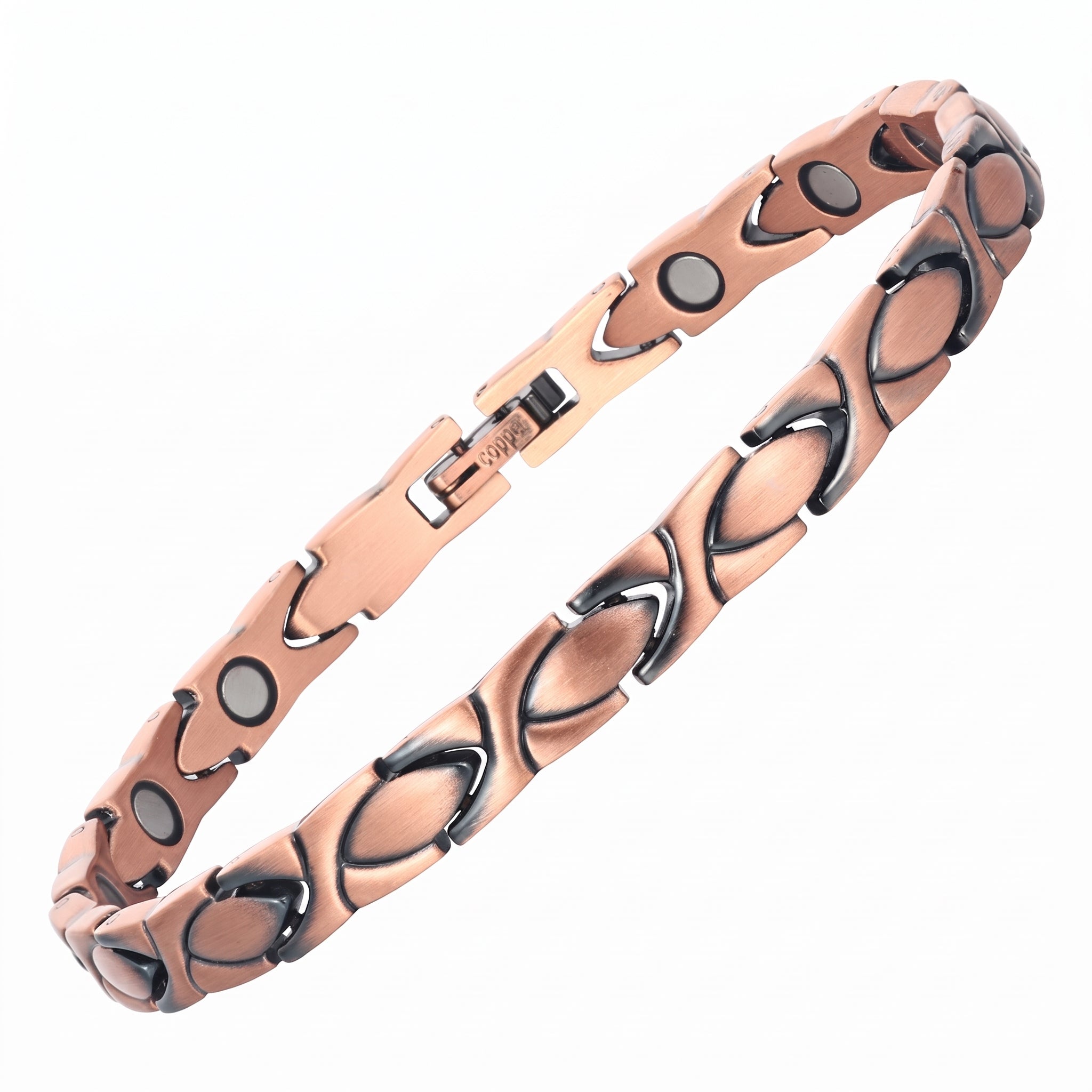 A copper magnetic therapy link bracelet with black magnetic inserts, shown on a light gray background.