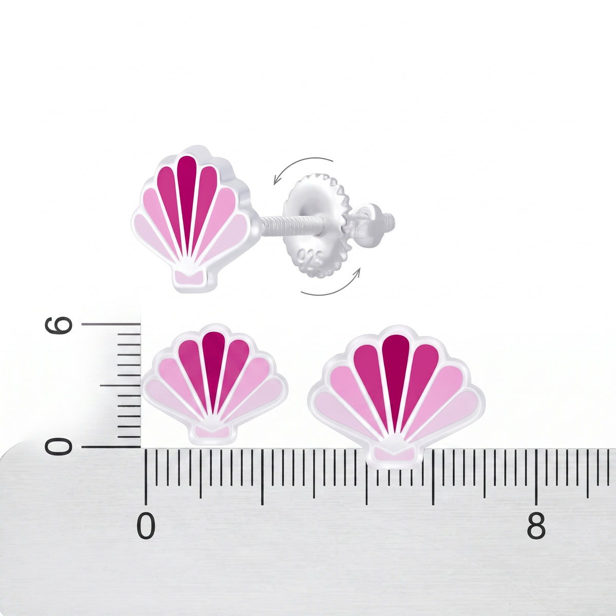 Pink and white seashell stud earrings shown from multiple angles with a ruler for scale on a white background.
