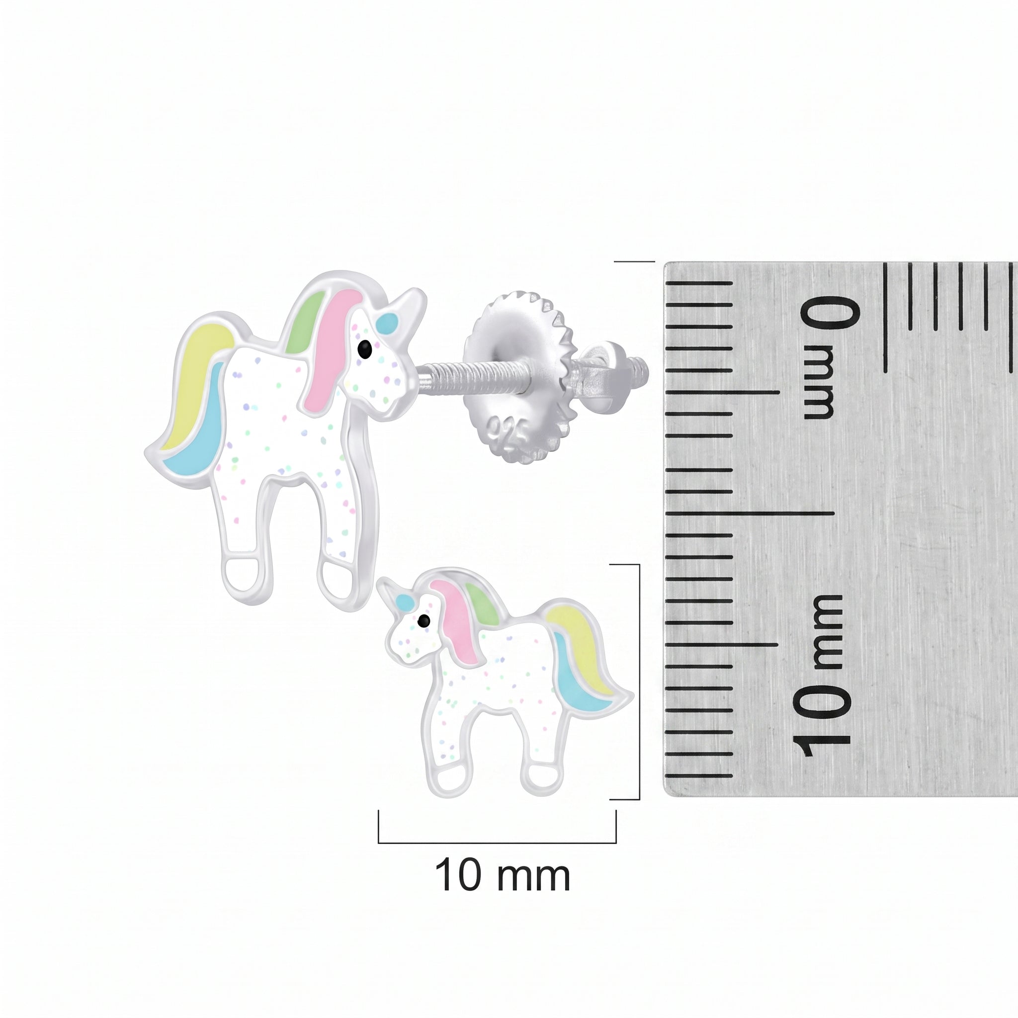 A pair of unicorn-shaped stud earrings shown next to a metal ruler for scale, with a 10 mm measurement label. 