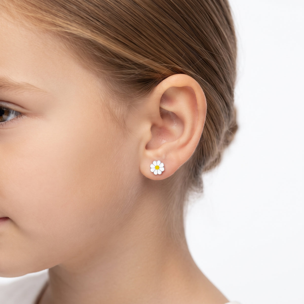 White daisy screw back earrings for children