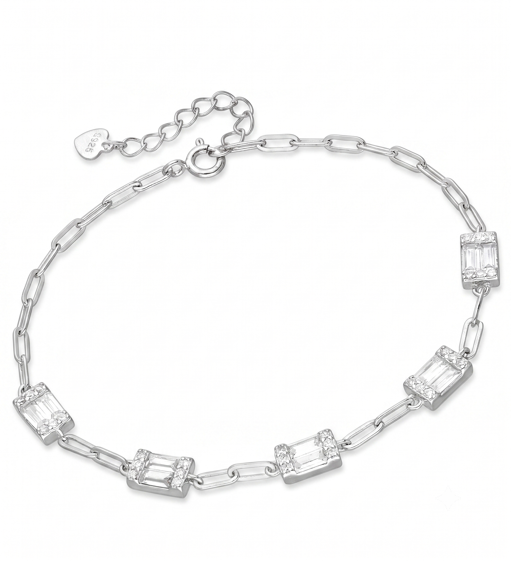 Elegant Sterling Silver Baguette CZ Paperclip Chain Bracelet