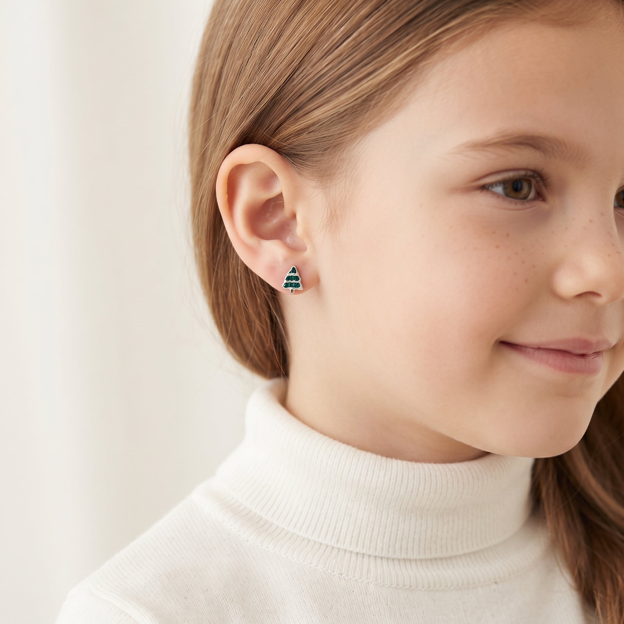 Sterling silver kids Christmas tree earrings with festive green tree 