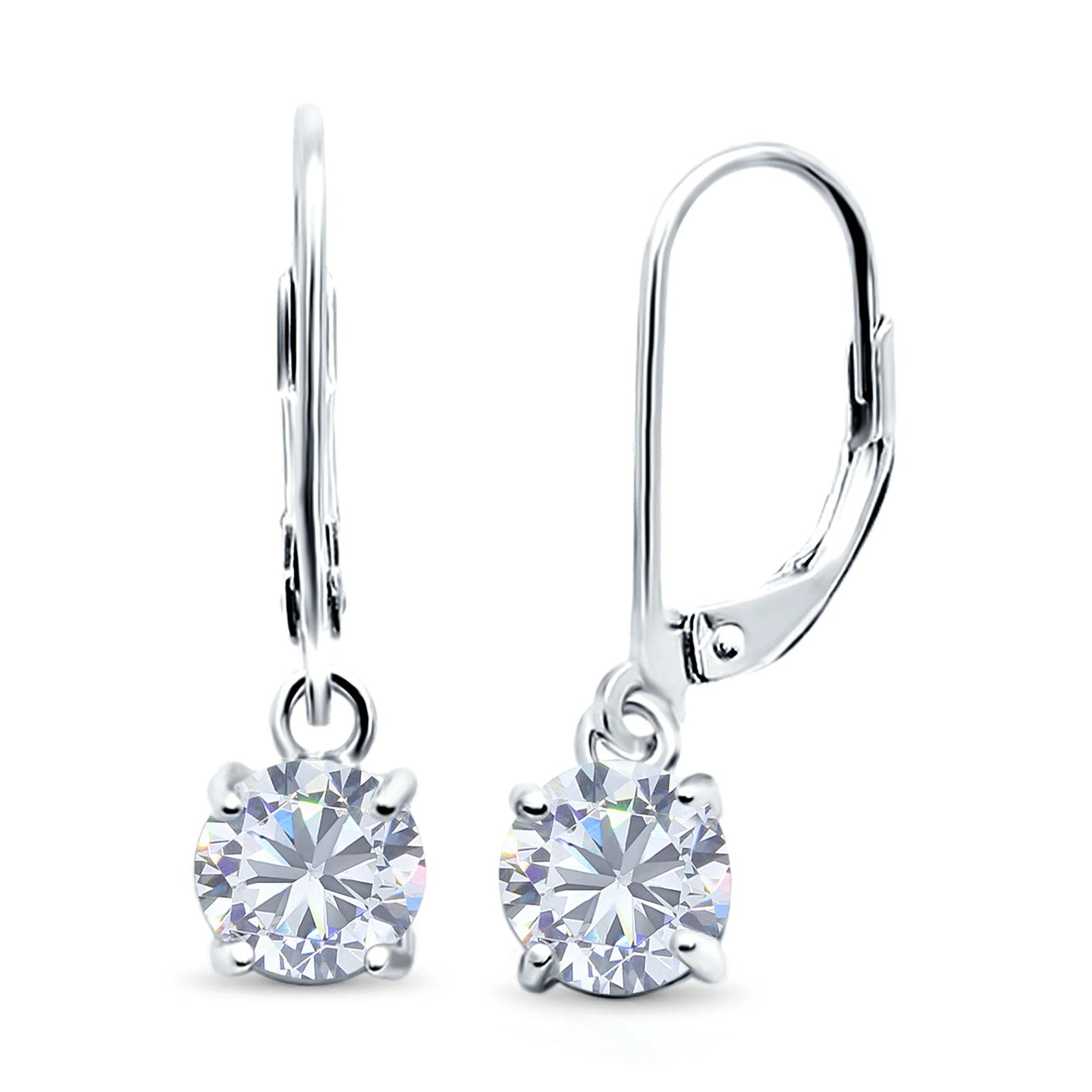 Sterling Silver Round Solitaire CZ Leverback Earrings