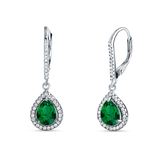 Sterling Silver Emerald Teardrop Leverback Drop Earrings