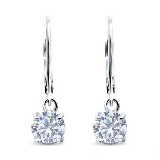 Sterling Silver Round Solitaire CZ Leverback Earrings