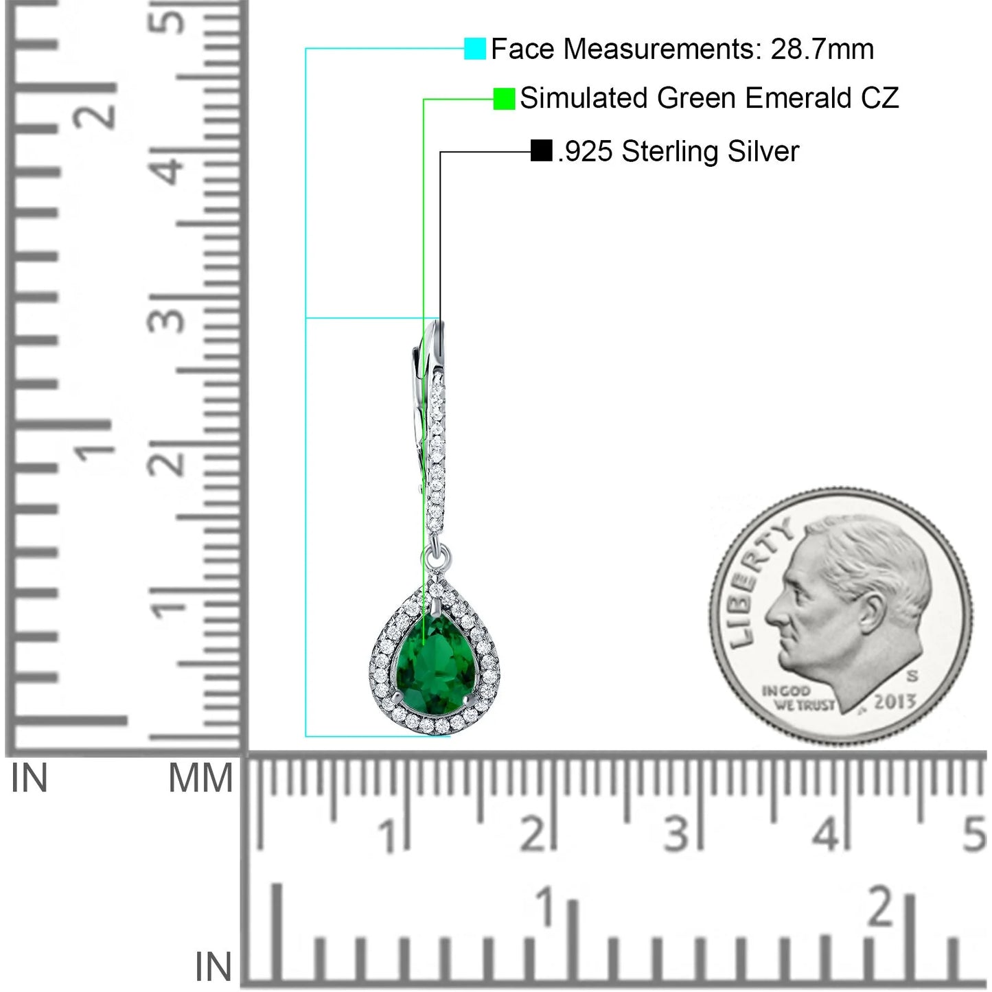 Sterling Silver Pear teardrop Emerald zirconia Earrings
