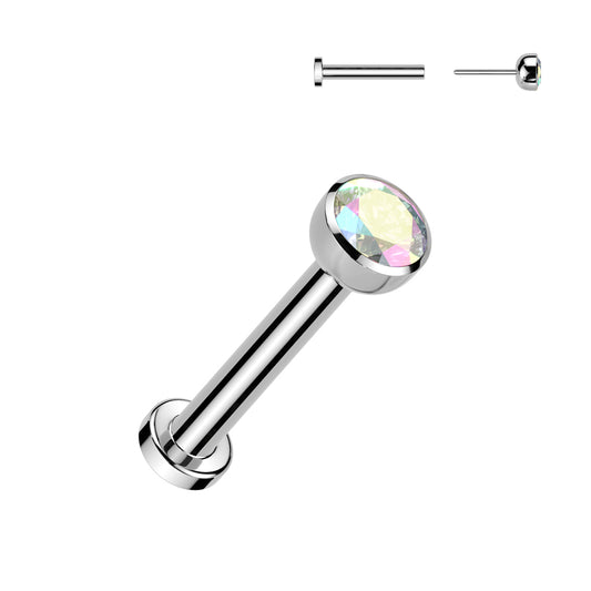 Threadless Titanium Labret Bezel Aurora Borealis CZ Ball Top- Choose your Size