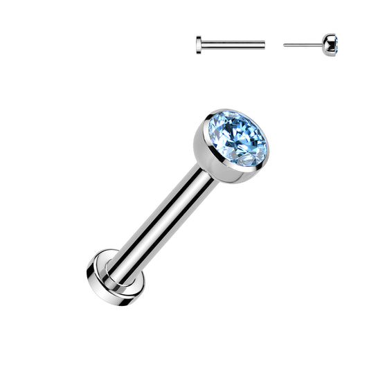 Threadless Titanium Labret Bezel CZ Aqua Ball Top- Choose your Size