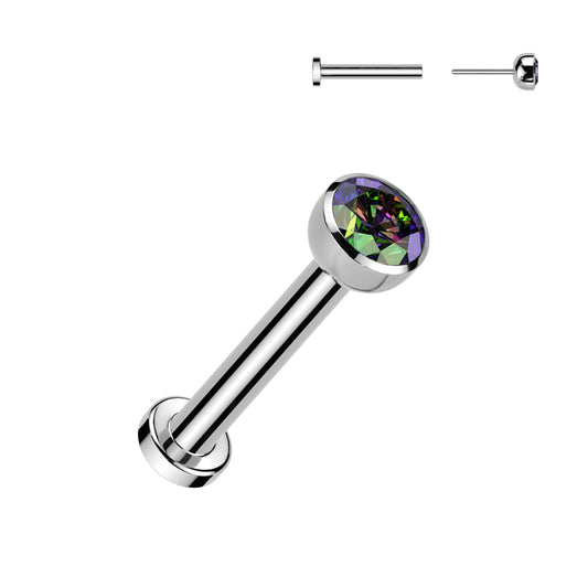 Threadless Titanium Labret Bezel CZ Vitrail Rainbow Ball Top- Choose your Size