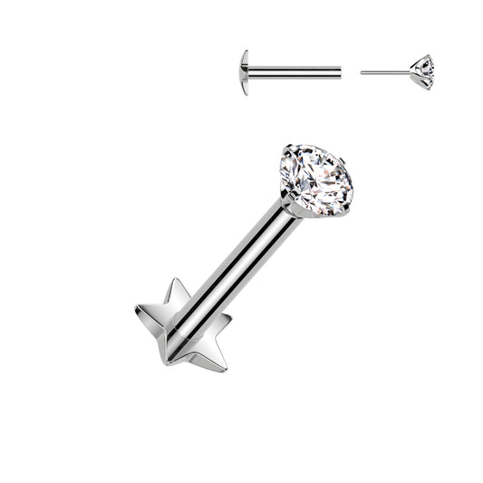 Titanium Threadless Push In Star Base Labret With Prong Set CZ