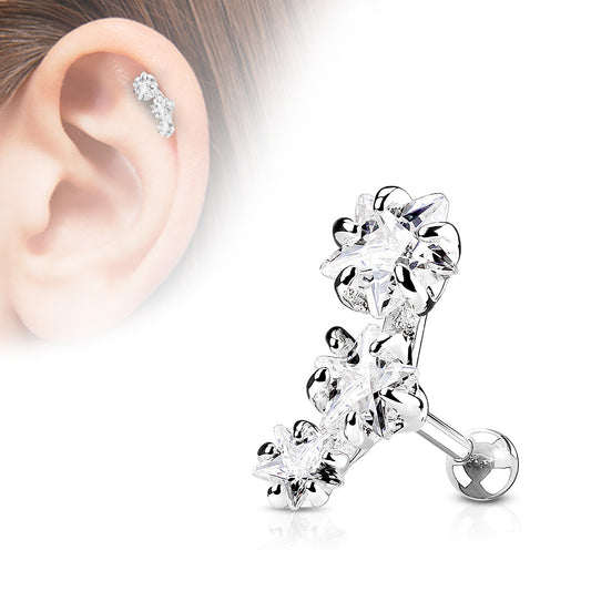 316L Surgical Steel Triple Star CZ Set Cartilage/Tragus Bar