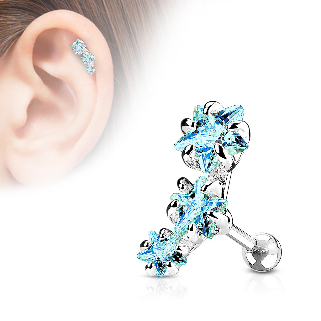 316L Surgical Steel Triple Star CZ Set Cartilage/Tragus Bar