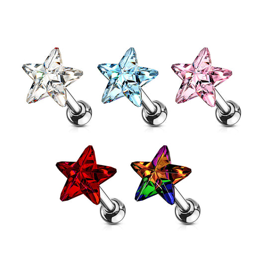 Surgical Steel Cartilage Tragus Barbell  Ear Stud with Crystal Star - Choose Your Colour