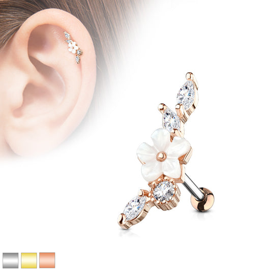Cartilage stud with CZ & Mother of Pearl flower