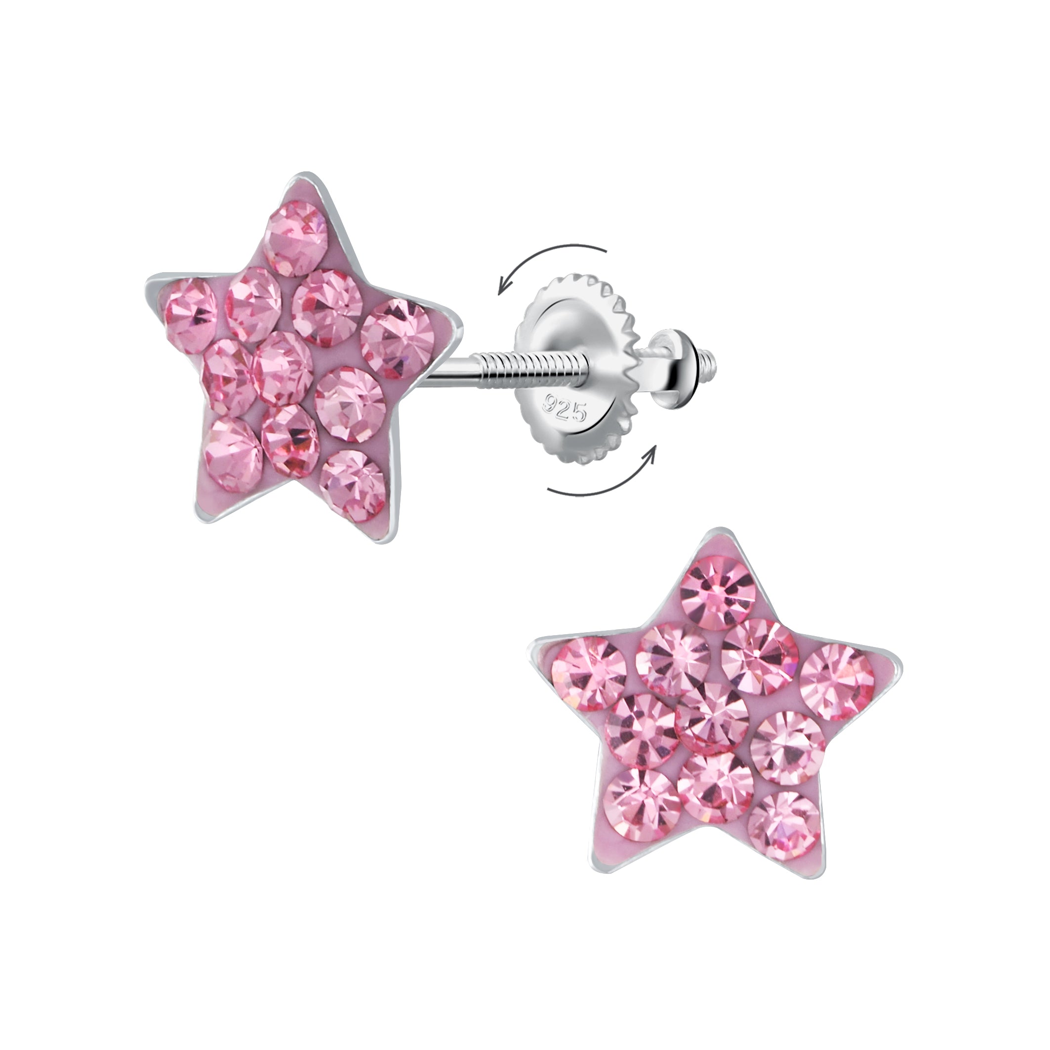 Star-shaped stud earrings with pink faceted rhinestones in a silver-tone setting, shown from both front and back views on a plain white background.