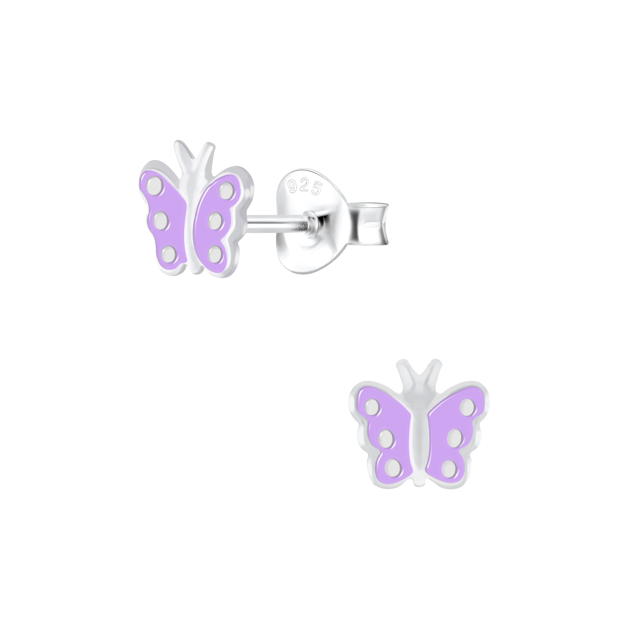 Butterfly-shaped earrings with purple wings on a white background