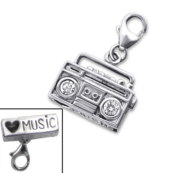 Sterling Silver 3D Boom Box Radio Cassette player Clip on Charm