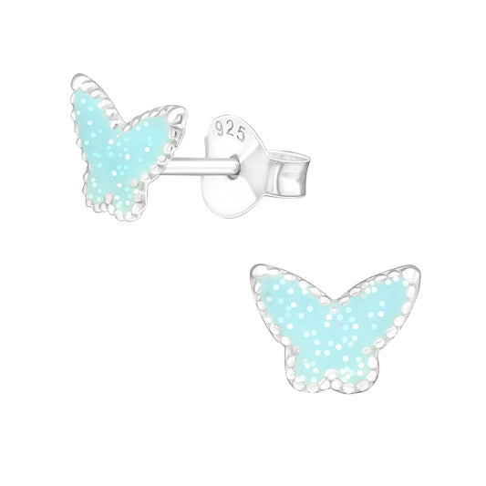 Girl's Sterling Silver Blue Glitter Butterfly Stud Earrings