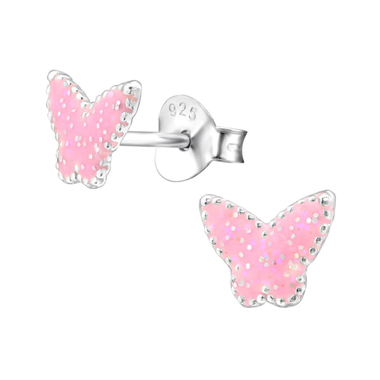 Girl's Sterling Silver Pink Glitter Butterfly Stud Earrings
