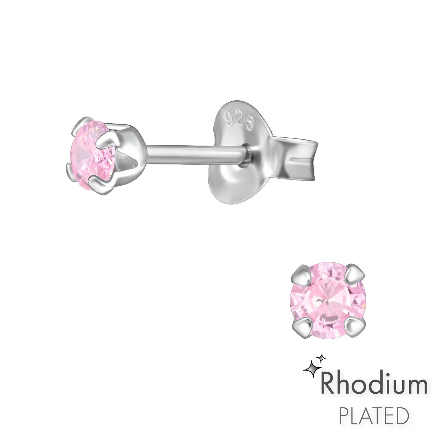 Sterling Silver 3mm Round Pink CZ Stud Earrings