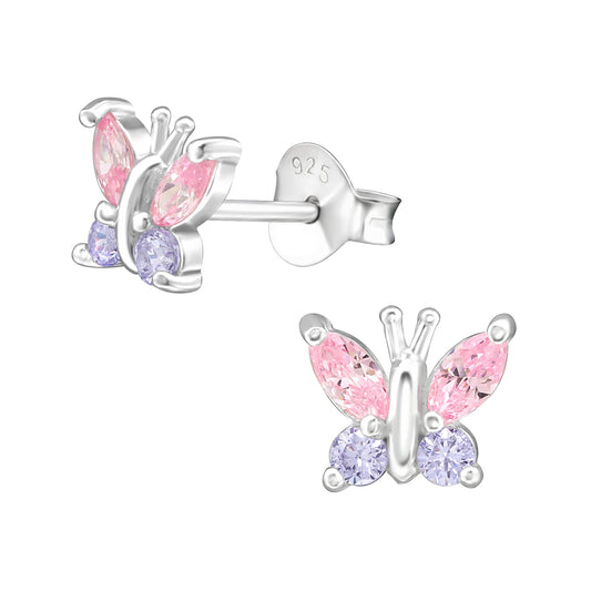 Sterling Silver CZ Pink Butterfly Stud Earrings