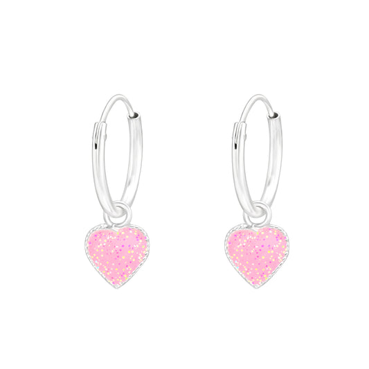 Children's Sterling Silver Pink Glitter Heart Charm Hoop Earrings