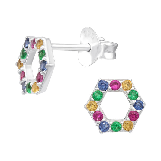Children's Sterling Silver Colourful Hexagon CZ Earrings