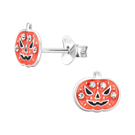 Sterling Silver CZ Pumpkin Girls Halloween Earrings