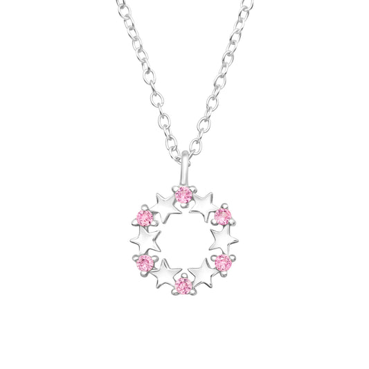 Sterling Silver Girls Jewelled Pink Stars Necklace