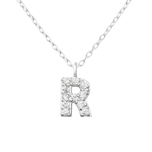 Childrens Sterling Silver CZ Letter R Initial Necklace