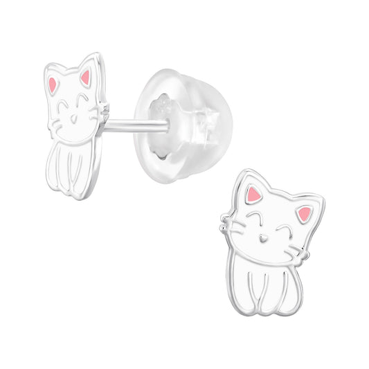 Children's Sterling Silver White Cat Stud Earrings