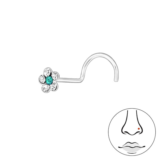 Sterling Silver Nose Screw with Aqua CZ Flower