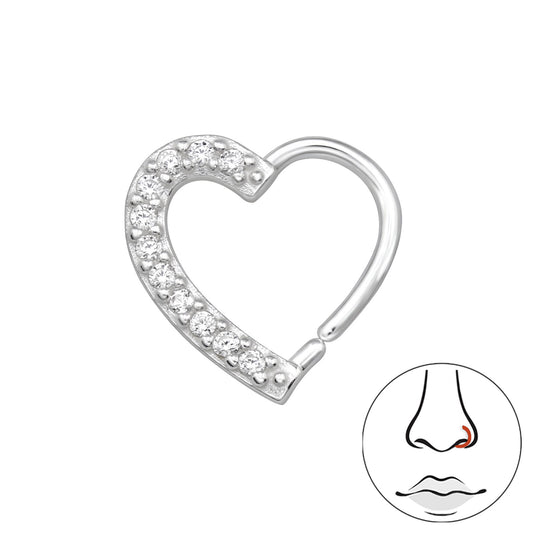 Sterling Silver 10mm CZ Heart Nose Ring Stud