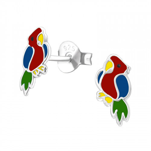 Childrens Girls Sterling Silver Colourful Parrot Stud Earrings