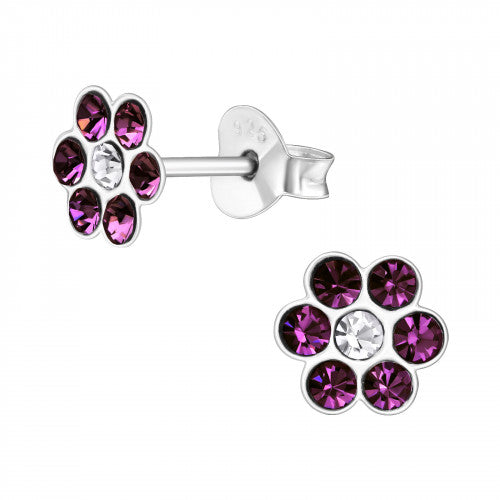 Children's Sterling Silver Purple Crystal Flower Stud Earrings