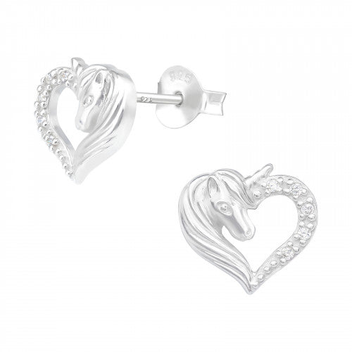 Girl's Sterling Silver CZ Unicorn Heart Stud Earrings