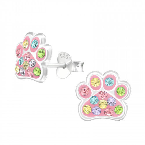 Childrens Sterling Silver Pink Dog Paw Print Girls Earrings
