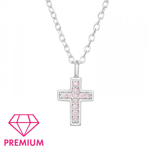 Sterling Silver CZ Pink Cross Girls Necklace