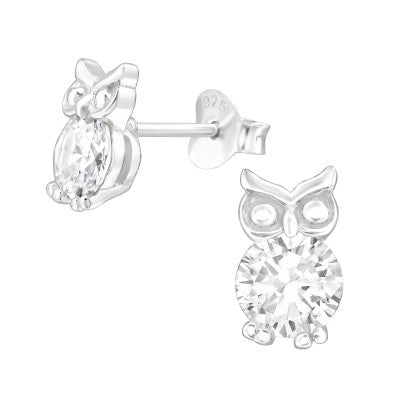 Sterling Silver Cubic Zirconia Owl Stud Earrings