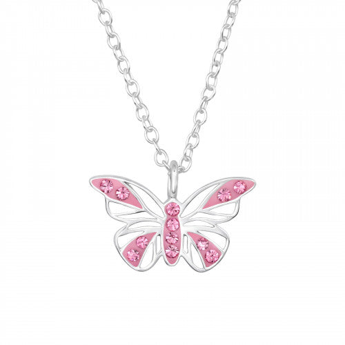 Girl's Sterling Silver Pink CZ Butterfly Necklace - Melchior Jewellery 