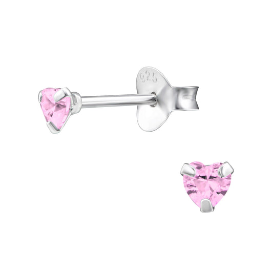 Childrens Sterling Silver Tiny Pink Baby Heart CZ Stud Earrings