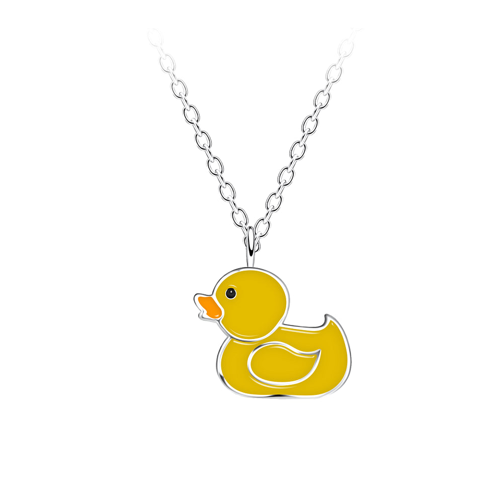 Children's sterling silver duck necklace with yellow enamel duck pendant on silver chain
