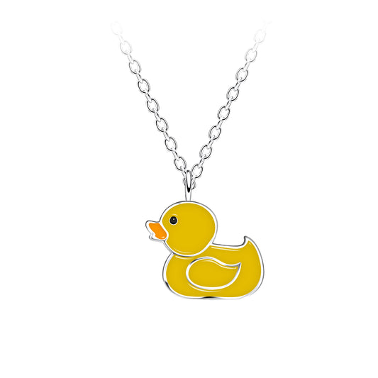 Children's sterling silver duck necklace with yellow enamel duck pendant on silver chain