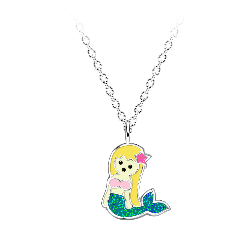 A silver link chain necklace featuring a cute cartoon mermaid pendant with yellow hair, a pink star, and a glittery teal tail, shown on a plain white background.