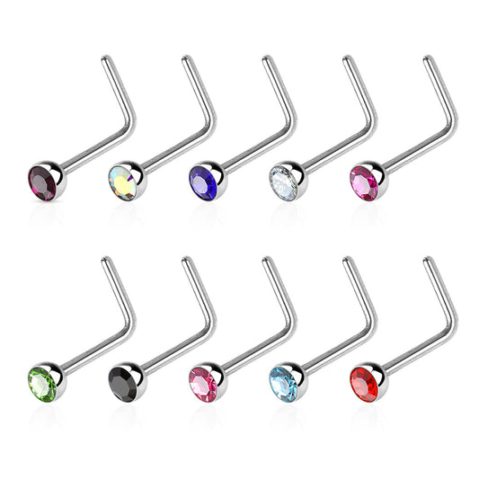 "L" Bend Nose Stud Ring with Coloured CZ - Choose your Colour