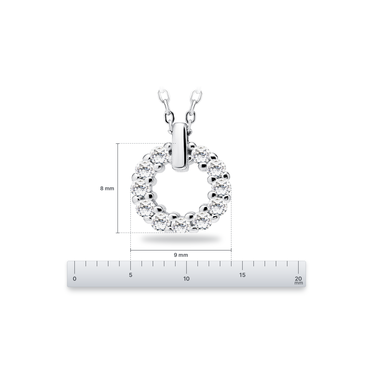 Close-up of circular sterling silver necklace with sparkling white cubic zirconia Showing dimensions