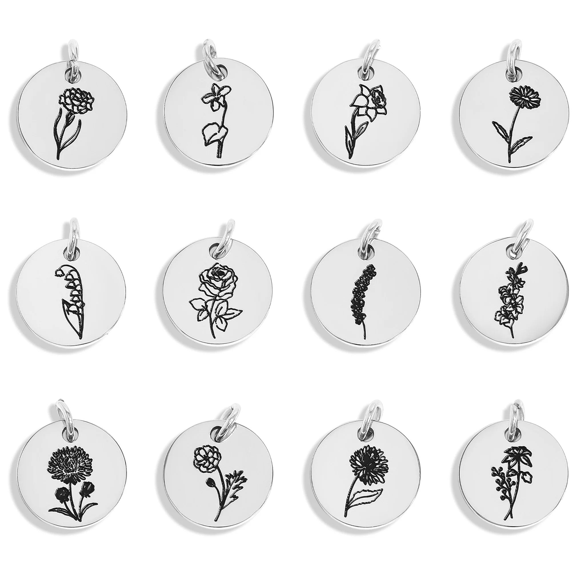 Stainless Steel Engraved Birth Flower Pendant Charm - Melchior Jewellery 