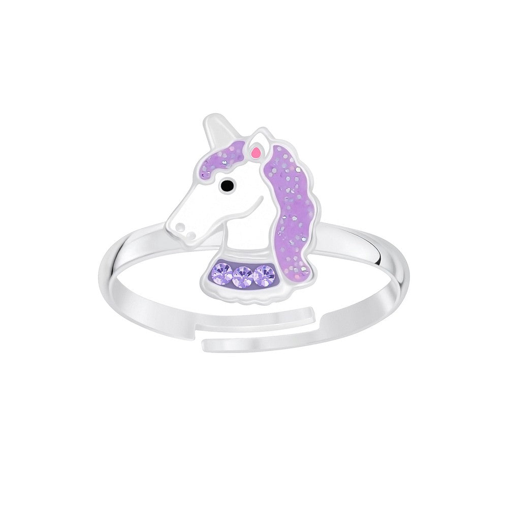 A silver-toned adjustable ring featuring a unicorn head charm with a white face, purple glitter mane, and purple gemstone accents 
