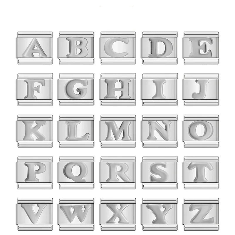 Italian Charms A-Z stainless steel letters for classic 9mm charm bracelets. Personalize jewelry with durable alphabet charms A to Z.