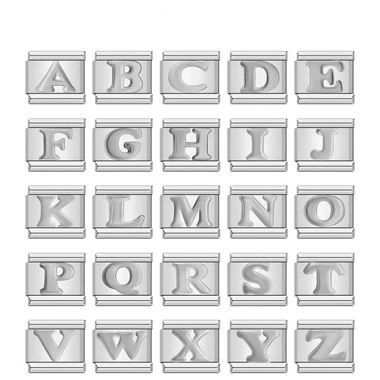 Italian Charms A-Z stainless steel letters for classic 9mm charm bracelets. Personalize jewelry with durable alphabet charms A to Z.